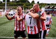 14 September 2024; Michael Duffy of Derry City, centre, celebrates with teammates Danny Mullen, left, and Mark Connolly, after scoring their side's first goal during the Sports Direct Men's FAI Cup Quarter Final match between Derry City and Shelbourne at the The Ryan McBride Brandywell Stadium in Derry. Photo by Ben McShane/Sportsfile