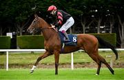 14 September 2024; Jockey Billy Lee and Vespertilio go to post before the Coolmore America 'Justify' Matron Stakes during day one of the Irish Champions Festival at Leopardstown Racecourse in Dublin. Photo by Seb Daly/Sportsfile