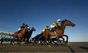 16 September 2024; Jeaniemacaroney, with Dylan Browne McMonagle up, leads at the start of the Pride Of Place Maiden at the Laytown Races in Laytown, Meath. Photo by Ramsey Cardy/Sportsfile