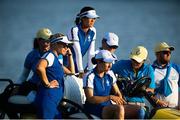 14 September 2024; Team Europe players watch the action on the on the 18th green during day two the Solheim Cup Matches at the Robert Trent Jones Golf Club in Gainesville, Virginia, USA. Photo by Tom Russo/Sportsfile