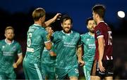 16 September 2024; Marc McNulty of Shamrock Rovers, centre, celebrates with team-mates Daniel Cleary after scoring their side's first goal during the SSE Airtricity Men's Premier Division match between Galway United and Shamrock Rovers at Eamonn Deacy Park in Galway. Photo by Piaras Ó Mídheach/Sportsfile