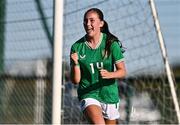 17 September 2024; Halle Harcourt of Republic of Ireland celebrates after scoring her side's second goal during the women's under 16's international friendly match between Republic of Ireland and Cymru at the FAI National Training Centre in Abbotstown, Dublin. Photo by Ben McShane/Sportsfile