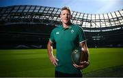 18 September 2024; Defence coach Simon Easterby stands for a portrait before an Ireland Rugby media conference at the Aviva Stadium in Dublin. Photo by Seb Daly/Sportsfile