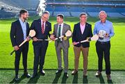 18 September 2024; Attendees, from left, former Antrim hurler and current Hurling Development Committee member Neil McManus, Uachtarán Chumann Lúthchleas Gael Jarlath Burns, Terry Reilly, chairperson of the Hurling Development Committee, Camogie Association president Brian Molloy and former Kilkenny hurling manager and current Hurling Development Committee member Brian Cody during the Hurling Development Committee media event at Croke Park in Dublin. Photo by Piaras Ó Mídheach/Sportsfile