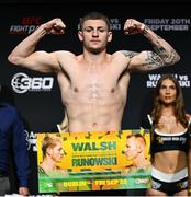 19 September 2024; Callum Walsh weighs in at the 3Arena in Dublin, ahead of his super welterweight bout against Przemyslaw Runowski, tomorrow night. Photo by David Fitzgerald/Sportsfile