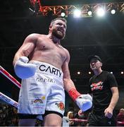 20 September 2024; Thomas Carty celebrates alongside trainer Packie Collins after defeating Jonatan Exequiel Vergara in their Heavyweight Bout during a Boxing from Dublin event at the 3Arena in Dublin. Photo by David Fitzgerald/Sportsfile