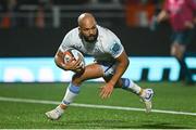 20 September 2024; Jamison Gibson-Park of Leinster scores his side's fourth try during the United Rugby Championship match between Edinburgh and Leinster at Hive Stadium in Edinburgh, Scotland. Photo by Seb Daly/Sportsfile