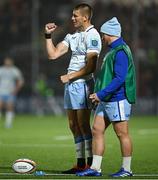 20 September 2024; Sam Prendergast of Leinster, alongside teammate Liam Turner, celebrates after their side's fifth try, scored by Jack Conan, not pictured, was awarded after a TMO review, before he kicks the conversion during the United Rugby Championship match between Edinburgh and Leinster at Hive Stadium in Edinburgh, Scotland. Photo by Seb Daly/Sportsfile