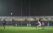 20 September 2024; Sam Prendergast of Leinster kicks a conversion during the United Rugby Championship match between Edinburgh and Leinster at Hive Stadium in Edinburgh, Scotland. Photo by Seb Daly/Sportsfile