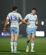 20 September 2024; Charlie Tector, right, and Garry Ringrose of Leinster during the United Rugby Championship match between Edinburgh and Leinster at Hive Stadium in Edinburgh, Scotland. Photo by Seb Daly/Sportsfile