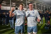 20 September 2024; Leinster second rows Conor O'Tighearnaigh, left, and James Ryan after victory in the United Rugby Championship match between Edinburgh and Leinster at Hive Stadium in Edinburgh, Scotland. Photo by Seb Daly/Sportsfile