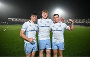 20 September 2024; Leinster players, from left, Charlie Tector, Conor O’Tighearnaigh and Gus McCarthy after the United Rugby Championship match between Edinburgh and Leinster at Hive Stadium in Edinburgh, Scotland. Photo by Seb Daly/Sportsfile