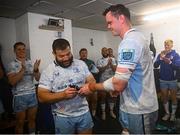 20 September 2024; Rabah Slimani of Leinster, left, is presented with his first Leinster cap by teammate James Ryan after the United Rugby Championship match between Edinburgh and Leinster at Hive Stadium in Edinburgh, Scotland. Photo by Seb Daly/Sportsfile