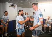 20 September 2024; Rabah Slimani of Leinster, left, is presented with his first Leinster cap by teammate James Ryan after the United Rugby Championship match between Edinburgh and Leinster at Hive Stadium in Edinburgh, Scotland. Photo by Seb Daly/Sportsfile