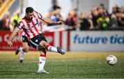 20 September 2024; Patrick Hoban of Derry City scores his side's first goal, a penalty, during the SSE Airtricity Men's Premier Division match between Derry City and Shamrock Rovers at The Ryan McBride Brandywell Stadium in Derry. Photo by Ramsey Cardy/Sportsfile