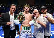 20 September 2024; Callum Walsh celebrates with his trainer Freddie Roche, centre, Dickie Ecklund, right, and Tom Loeffler, President of 360 Promotions, after defeating Przemyslaw Runowski in their WBC Continental Americas Super Welterweight Title bout during a Boxing from Dublin event at the 3Arena in Dublin. Photo by David Fitzgerald/Sportsfile