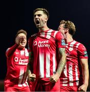 21 September 2024; Ellis Chapman, centre, of Sligo Rovers celebrates after scoring his side's second goal during the SSE Airtricity Men's Premier Division match between Sligo Rovers and Dundalk at The Showgrounds in Sligo. Photo by Tom Beary/Sportsfile