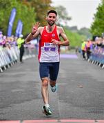 22 September 2024; Hugh Armstrong of Ballina AC, Mayo, crosses the line to win the 2024 Irish Life Dublin Half Marathon which took place on Sunday 22nd of September in Phoenix Park, Dublin. Photo by Sam Barnes/Sportsfile