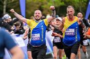 22 September 2024; Paul McGrath, left, and Neil O'Brien celebrate finishing the 2024 Irish Life Dublin Half Marathon which took place on Sunday 22nd of September in Phoenix Park, Dublin. Photo by Sam Barnes/Sportsfile