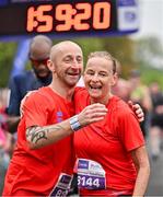 22 September 2024; Fozzy Forristal, left, and Olwyn Dunne celebrate finishing the 2024 Irish Life Dublin Half Marathon which took place on Sunday 22nd of September in Phoenix Park, Dublin. Photo by Sam Barnes/Sportsfile