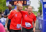 22 September 2024; Fozzy Forristal, left, and Olwyn Dunne celebrate finishing the 2024 Irish Life Dublin Half Marathon which took place on Sunday 22nd of September in Phoenix Park, Dublin. Photo by Sam Barnes/Sportsfile