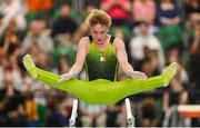 22 September 2024; Niall Hooton of Ireland of Ireland competes in the final of the parallel bars event during day two of the Gymnastics Ireland hosted Northern European Championships 2024 at the National Indoor Arena on the Sport Ireland Campus in Dublin. Photo by Stephen McCarthy/Sportsfile