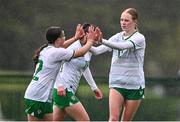 25 September 2024; Lily Anne O'Meara of Republic of Ireland, left, celebrates with teammate Aisling Meehan, right, after scoring their side's eighth goal during the women's U17 international friendly match between Republic of Ireland and Cymru at the FAI National Training Centre in Abbotstown, Dublin. Photo by Ben McShane/Sportsfile