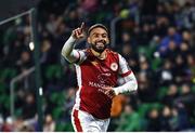 27 September 2024; Jake Mulraney of St Patrick's Athletic celebrates scoring his side's third goal during the SSE Airtricity Men's Premier Division match between Shamrock Rovers and St Patrick's Athletic at Tallaght Stadium in Dublin. Photo by Piaras Ó Mídheach/Sportsfile