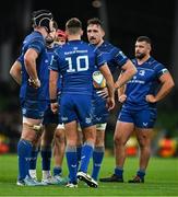 27 September 2024; Leinster captain Jack Conan speaks to Ross Byrne, 10, during the United Rugby Championship match between Leinster and Dragons at the Aviva Stadium in Dublin. Photo by Brendan Moran/Sportsfile