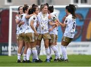 28 September 2024; Shelbourne players celebrate after Kate Mooney, centre, scored their first goal during the SSE Airtricity Women's Premier Division match between Galway United and Shelbourne at Eamonn Deacy Park in Galway. Photo by Stephen McCarthy/Sportsfile