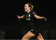 28 September 2024; Madison Gibson of Athlone Town celebrates after scoring her side's second goal during the SSE Airtricity Women's Premier Division match between Athlone Town and Shamrock Rovers at Athlone Town Stadium in Westmeath. Photo by Stephen McCarthy/Sportsfile