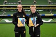 29 September 2024; Eileen Gleeson, Ireland WNT head coach, and Áine O’Gorman, Shamrock Rovers captain and Ireland WNT centurion, at the In Her Boots launch in Aviva Stadium, Dublin. Aviva, in partnership with the Football Association of Ireland (FAI), has launched In Her Boots, which is a new programme providing girls aged between 9-16 with specialist mentorship and coaching. Photo by Stephen McCarthy/Sportsfile