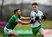 29 September 2024; Colm Harnett of Sarsfields in action against Kevin Murnaghan of Moorefield during the Kildare County Senior Club Football Championship quarter-final match between Moorefield and Sarsfields at Manguard Park Hawkfield in Newbridge, Kildare. Photo by Tyler Miller/Sportsfile