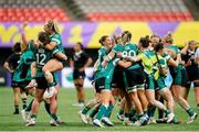 29 September 2024; Ireland players, including Enya Breen and Aoife Dalton, left, celebrate at the final whistle of the WXV1 Pool match between New Zealand and Ireland at BC Place in Vancouver, British Columbia. Photo by Rich Lam / World Rugby via Sportsfile