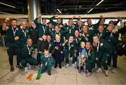 18 September 2024; The team on arrival at Dublin Airport during the Men's and Women's Republic of Ireland Homeless teams' return from the 2024 Homeless World Cup in South Korea, where the Women's Team won the Trophy Stage and the Men's Team finished 8th. Photo by David Fitzgerald/Sportsfile