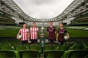 30 September 2024; Derry City's Ciaran Coll, left, and Daniel Kelly with Bohemians' Leigh Kavanagh and Alex Grieve, right, during the Sports Direct Men's FAI Cup semi-finals media day at the Aviva Stadium in Dublin. Photo by Stephen McCarthy/Sportsfile