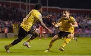 30 September 2024; Al-Amin Kazeem of St Patrick's Athletic, left, celebrates with team-mate Anto Breslin after scoring his side's third goal during the SSE Airtricity Men's Premier Division match between Shelbourne and St Patrick's Athletic at Tolka Park in Dublin. Photo by Stephen McCarthy/Sportsfile