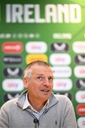 3 October 2024; Manager Jim Crawford speaks to the press during a Republic of Ireland U21 squad announcement at FAI Headquarters in Abbotstown, Dublin. Photo by Stephen McCarthy/Sportsfile