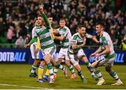 3 October 2024; Dylan Watts of Shamrock Rovers, left, celebrates after scoring his side's first goal during the UEFA Conference League 2024/25 league phase match between Shamrock Rovers and APOEL at Tallaght Stadium in Dublin. Photo by Stephen McCarthy/Sportsfile