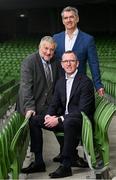 4 October 2024; In attendance are, from left, FAI President Paul Cooke, Independent chair of the FAI board Tony Keohane, behind, and newly appointed FAI chief executive officer David Courell, at the Aviva Stadium in Dublin. Photo by Seb Daly/Sportsfile