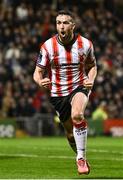 4 October 2024; Michael Duffy of Derry City celebrates after scoring his side's second goal during the Sports Direct Men’s FAI Cup semi-final match between Bohemians and Derry City at Dalymount Park in Dublin. Photo by Ben McShane/Sportsfile