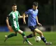 4 October 2024; Luke O'Regan of UCD in action against Kieran Cruise of Bray Wanderers during the SSE Airtricity Men's First Division match between UCD and Bray Wanderers at UCD Bowl in Belfield, Dublin. Photo by Thomas Flinkow/Sportsfile