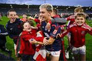 5 October 2024; Conor Grourke of Cuala celebrates with supporters after the Dublin County Senior Club Football Championship semi-final match between Ballymun Kickhams and Cuala at Parnell Park in Dublin. Photo by Ben McShane/Sportsfile