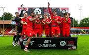 6 October 2024; The Shelbourne team celebrate with the trophy after their side's victory in the EA SPORTS MU17 LOI Mark Farren Cup match between Shelbourne and Kerry FC at Tolka Park in Dublin. Photo by Tyler Miller/Sportsfile