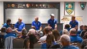 8 October 2024; OLSC President Alan Mooney, left, in conversation with Leinster coaches, from left to right, Robin McBryde, Jacques Nienaber, Tyler Bleyendaal and Leo Cullen, during a Leinster Rugby Supporters Q&A at Bective Rangers RFC in Dublin. Photo by Ramsey Cardy/Sportsfile