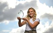 10 October 2024; Eimear McAnespie from Monaghan club Emyvale is pictured with The Croke Park Hotel/LGFA Player of the Month award for September 2024, at The Croke Park Hotel on Jones Road in Dublin. Eimear captained Emyvale to a first county senior title on September 29, producing a player of the match display in the process. Photo by Sam Barnes/Sportsfile