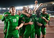 10 October 2024; Robbie Brady of Republic of Ireland, centre, celebrates with teammates after scoring their side's second goal during the UEFA Nations League B Group 2 match between Finland and Republic of Ireland at the Helsinki Olympic Stadium in Helsinki, Finland. Photo by Stephen McCarthy/Sportsfile