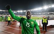 10 October 2024; Festy Ebosele of Republic of Ireland celebrates after the UEFA Nations League B Group 2 match between Finland and Republic of Ireland at the Helsinki Olympic Stadium in Helsinki, Finland. Photo by Stephen McCarthy/Sportsfile