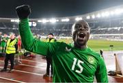 10 October 2024; Festy Ebosele of Republic of Ireland celebrates after the UEFA Nations League B Group 2 match between Finland and Republic of Ireland at the Helsinki Olympic Stadium in Helsinki, Finland. Photo by Stephen McCarthy/Sportsfile