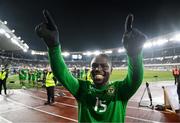 10 October 2024; Festy Ebosele of Republic of Ireland celebrates after the UEFA Nations League B Group 2 match between Finland and Republic of Ireland at the Helsinki Olympic Stadium in Helsinki, Finland. Photo by Stephen McCarthy/Sportsfile